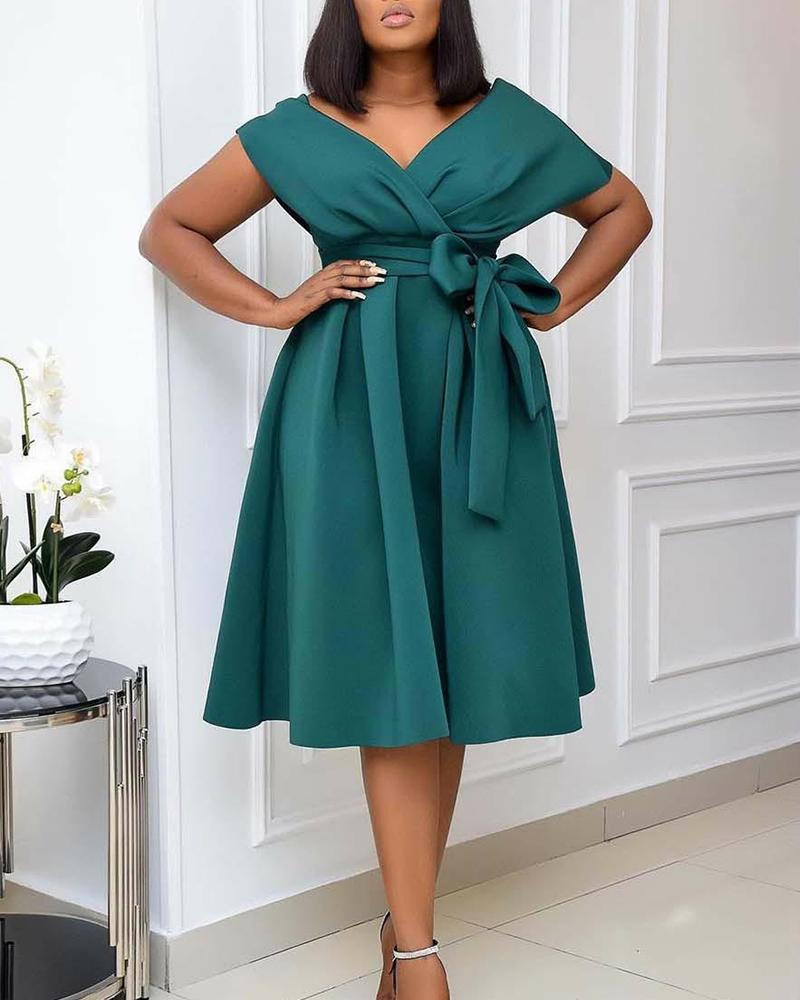 

Solid Skinny Waist A-line Dress, Green