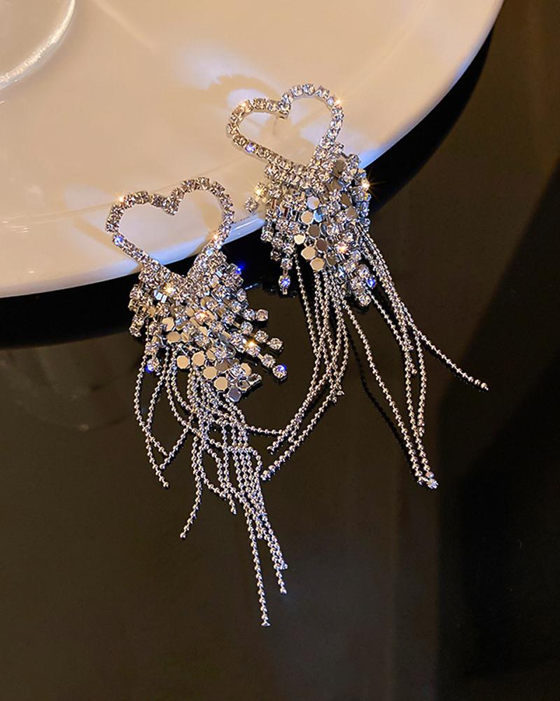 

1Pair Rhinestone Heart Tassel Drop Earrings, Silver