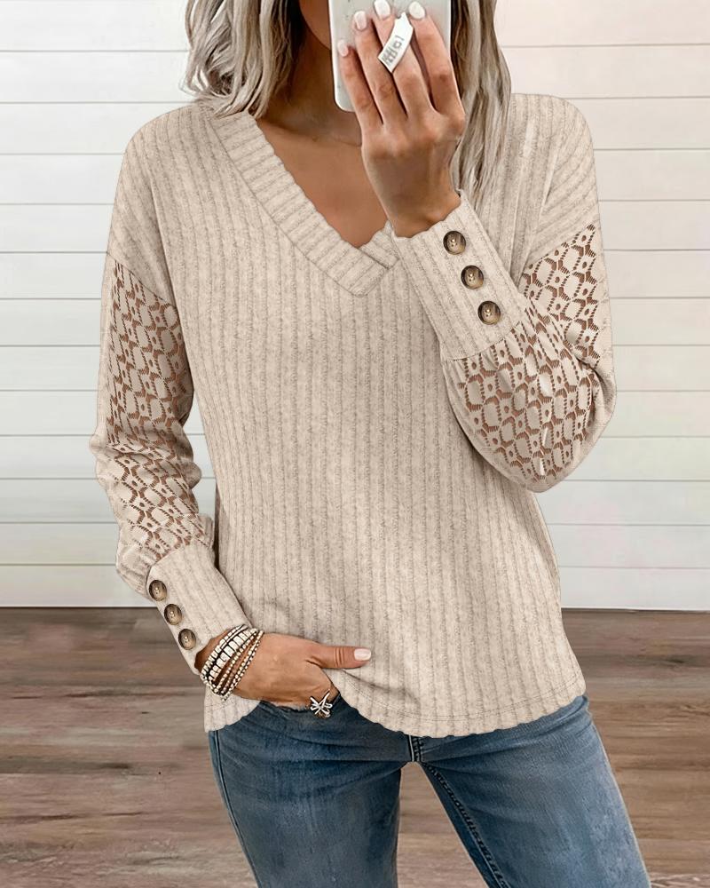 

T-shirt côtelé à col V et empiècements en dentelle, manches longues, poignets boutonnés, maille brossée, Apricot