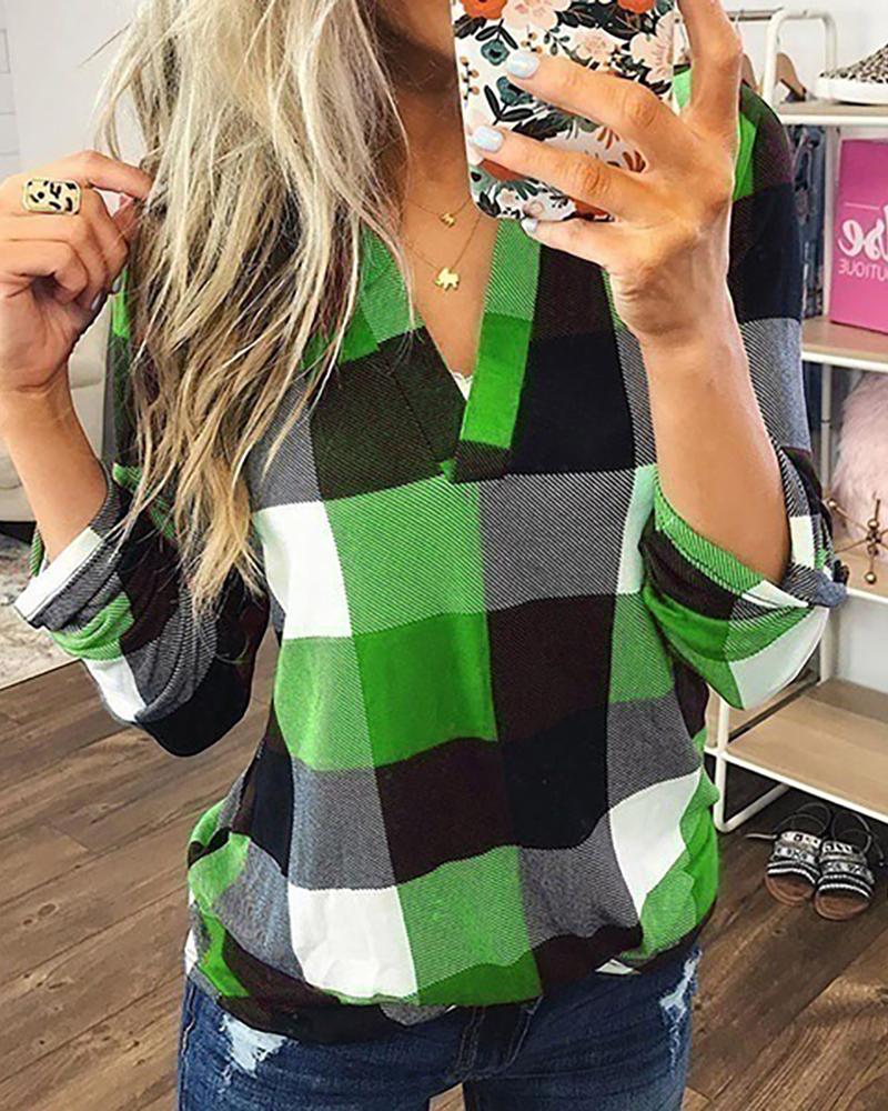 

Grid Print V-Neck Casual Blouse, Green