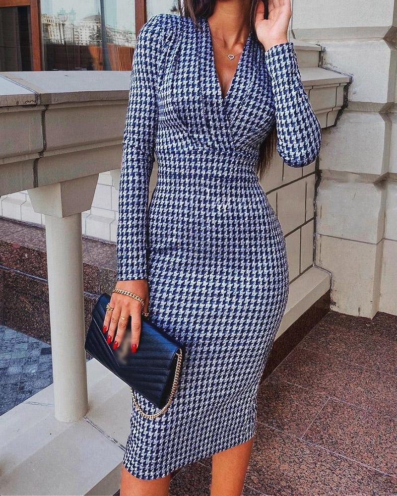 

Houndstooth Print Long Sleeve Ruched Dress, Blue