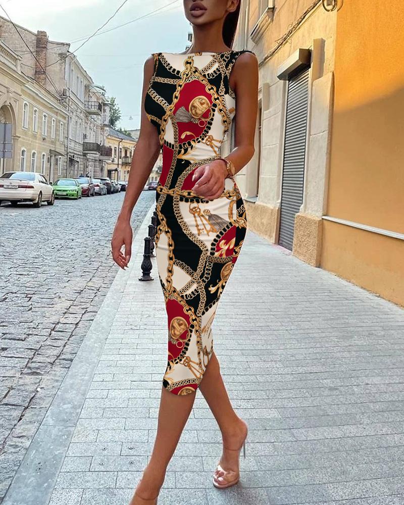 

Scarf Print Sleeveless Backless Skinny Dress, Multicolor