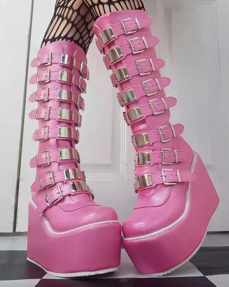 

PU Leather Buckled Platform Boots, Pink