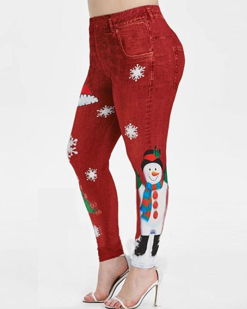 

Christmas Denim Look Print Leggings, Red