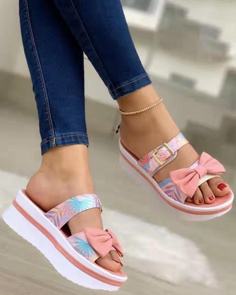 

Bowknot Decor Tropical Pattern Buckled Sandals, Pink