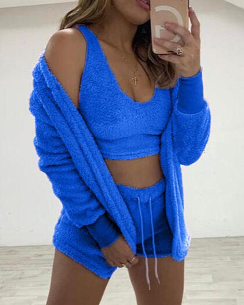 

Fuzzy Tank Top & Shorts Set With Cardigan, Blue