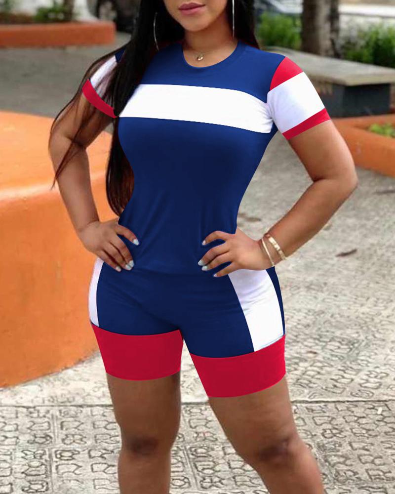

Contrast Color Short Sleeve Top & Shorts Set, Blue