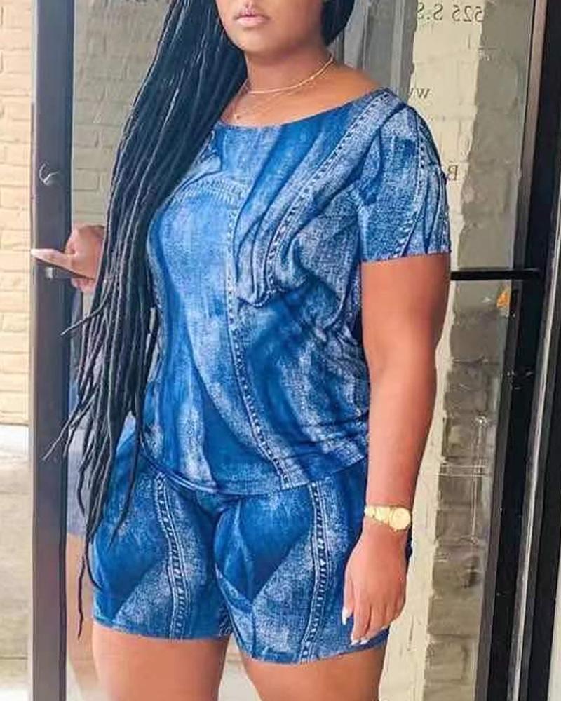 

Plus Size Denim Look Print Casual Top & Shorts Set, Dark blue