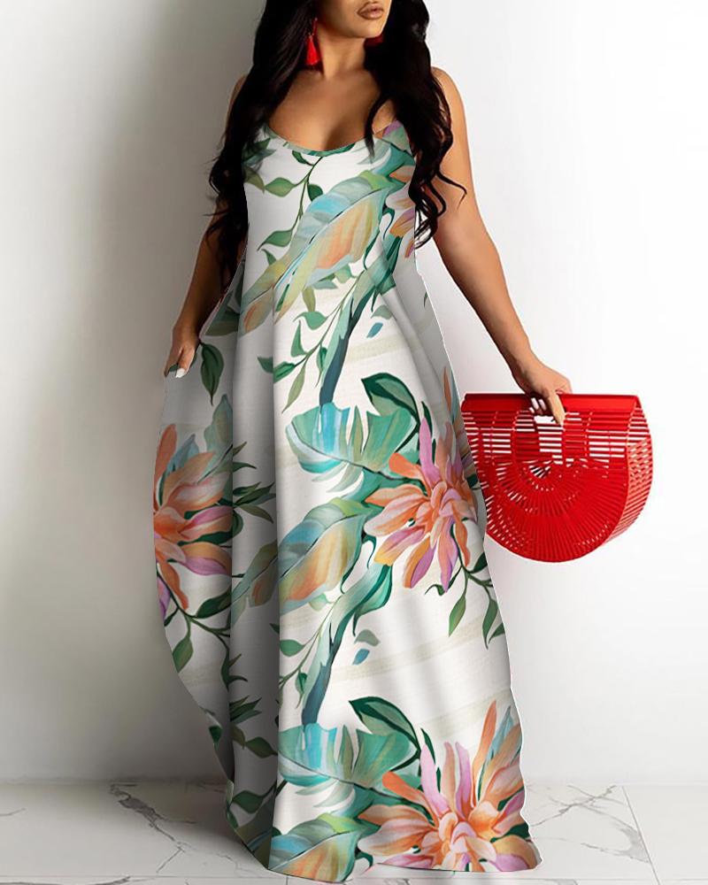 

Floral Print Spaghetti Strap Loose Long Casual Dress, Multicolor
