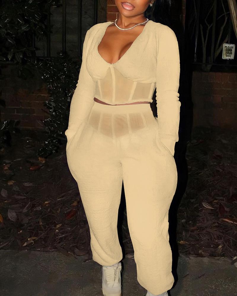 

Long Sleeve Mesh Patch Top & Pocket Design Pants Set, Khaki