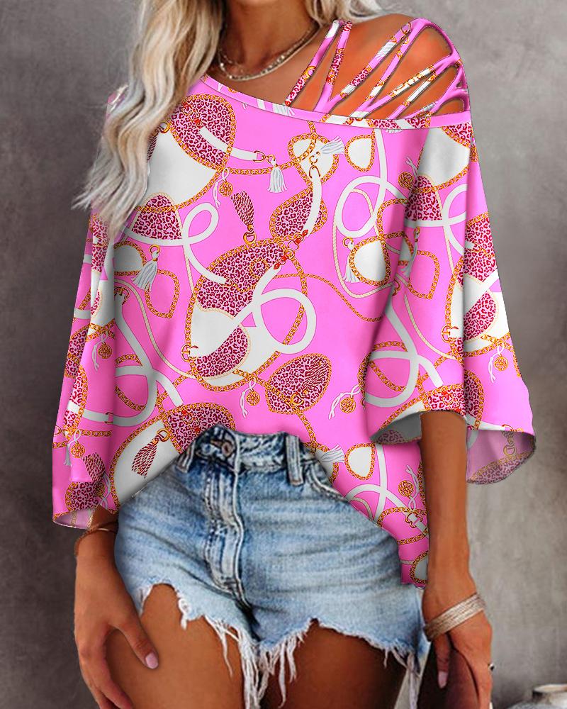 

Scarf Chain Print Cold Shoulder Bell Sleeve Top, Hot pink