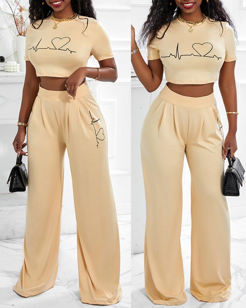 

Heart Print Crop Top & Wide Leg Pants Set, Apricot