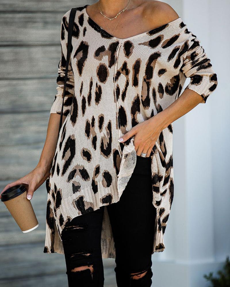

Leopard Print Long Sleeve Loose Tops, Apricot