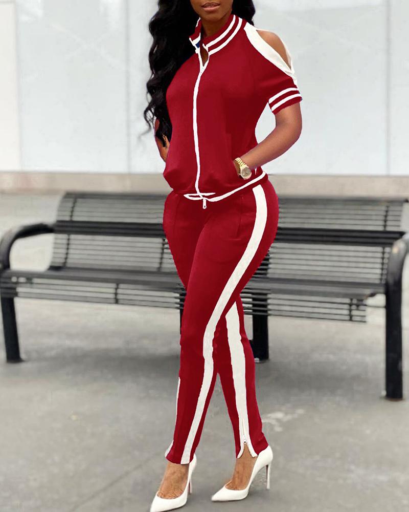 

Striped Colorblock Cold Shoulder Zip Top & Pants Set, Red