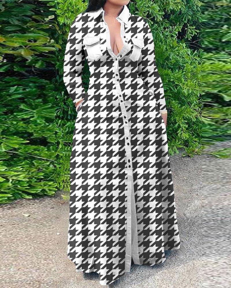 

Plus Size Houndstooth Print Button Down Shirt Dress, Blackwhite