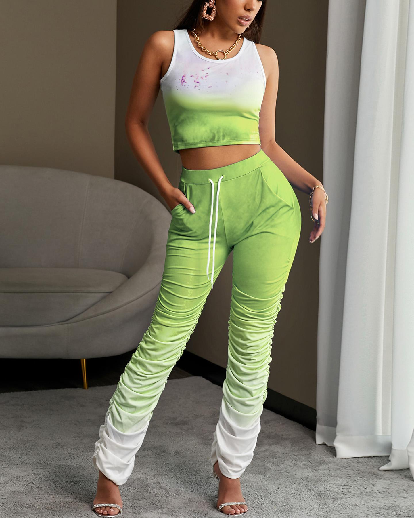 

Gradient Color Women Top & Ruched Pants Set, Green
