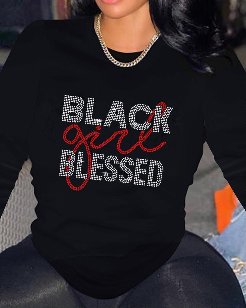 

Rhinestone Letter Pattern Long Sleeve Casual Top, Black