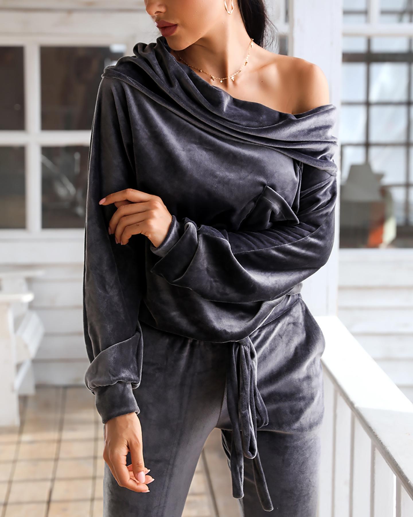 

Velvet Off Shoulder Ruched Top & Drawstring Pant Sets, Black