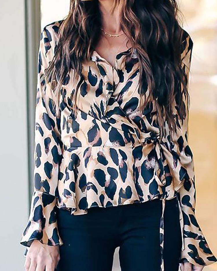 

Leopard Print Bell Sleeve Wrap Blouse