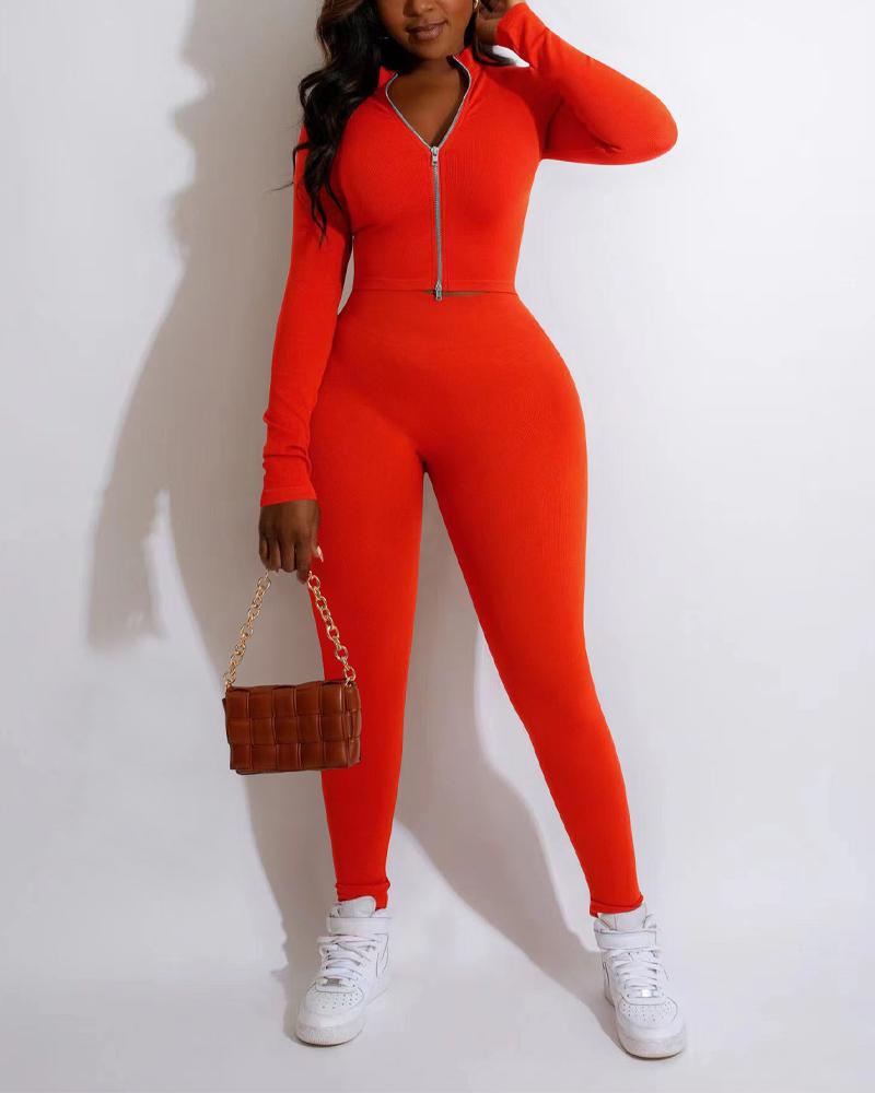 

Long Sleeve Zip Up Top & Pants Set, Orange