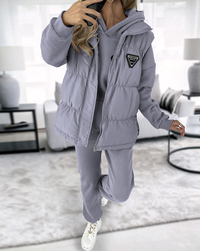 

Pocket Design Hooded Sweatshirt & Cuffed Sweatpants Set With Vest Puffer Coat, Gray