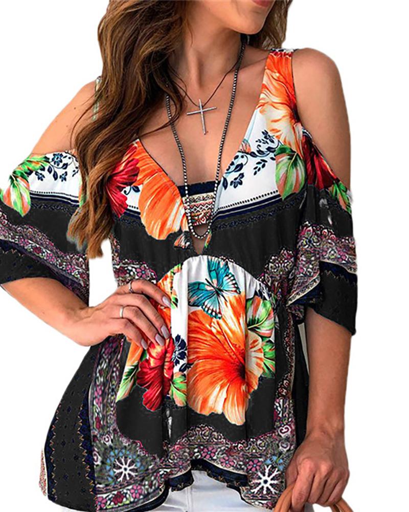 

Cold Shoulder V-neck Floral Print Top, Black