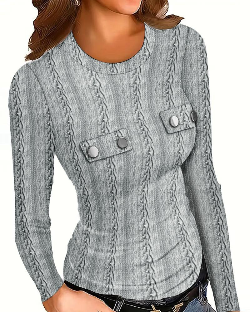 Round Neck Long Sleeve Buttoned Textured Top