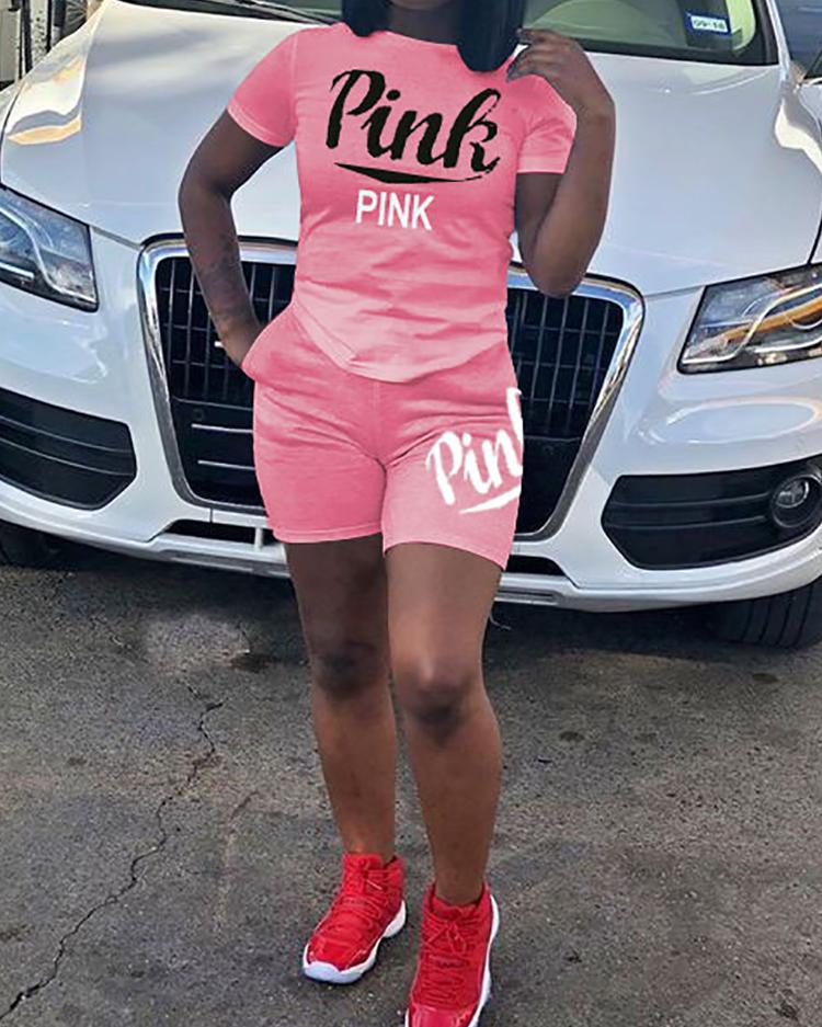 

Letter Print Short Sleeve Tracksuit, Pink
