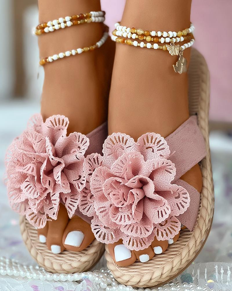 

Floral Pattern Cross Strap Slippers, Pink