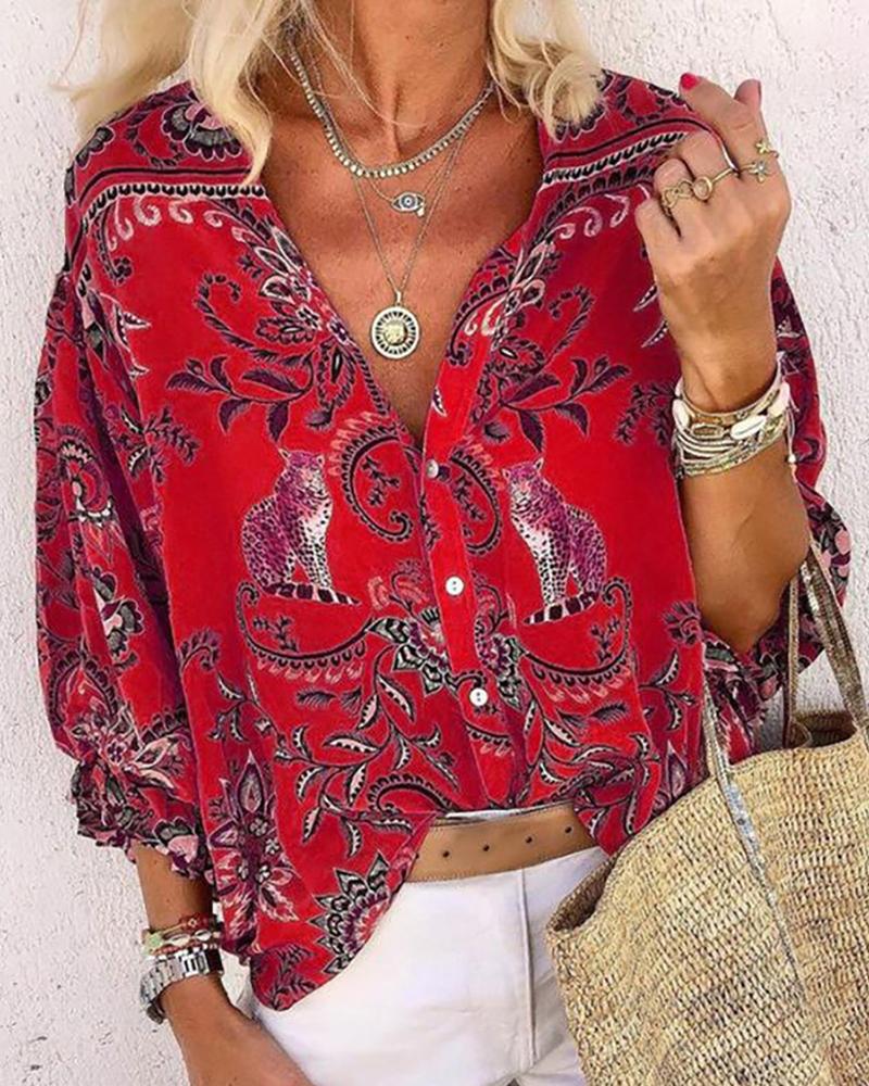 

Scarf Print V Neck Button Design Blouse, Red