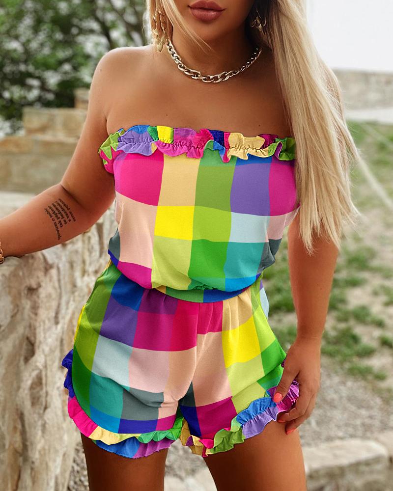 

Colorblock Plaid Print Frill Hem Tube Romper, Multicolor