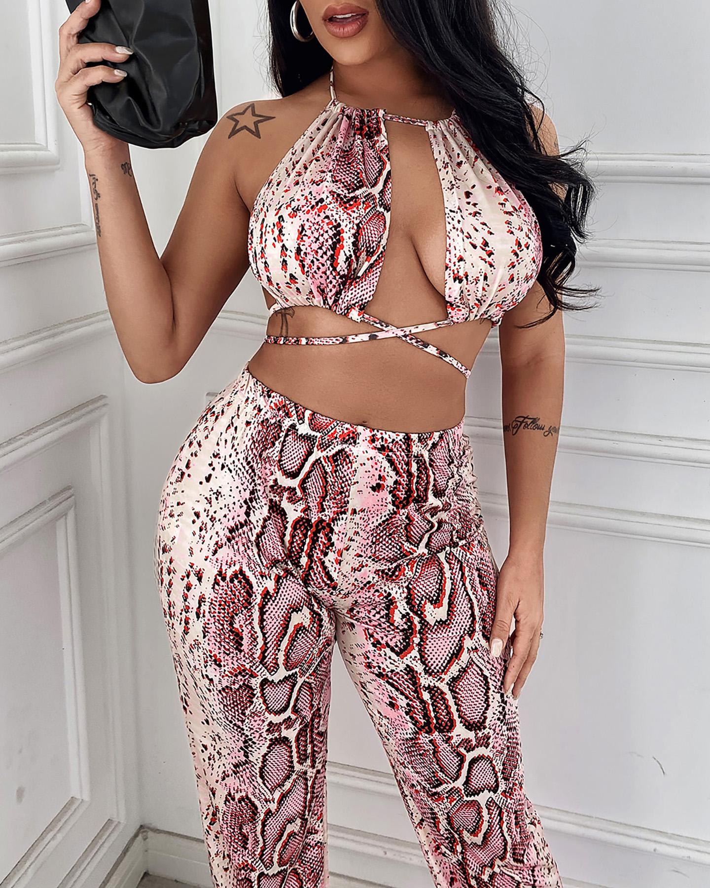 

Snakeskin Print Cut-out Halter Sleeveless Skinny Cropped Top With Pants Suit Sets, Red
