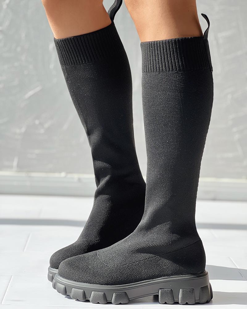 

Knit Round Toe Calf Boots, Black