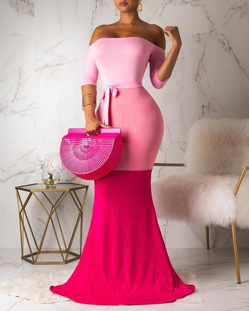 

Off Shoulder Tie Detail Colorblock Mermaid Dress, Hot pink