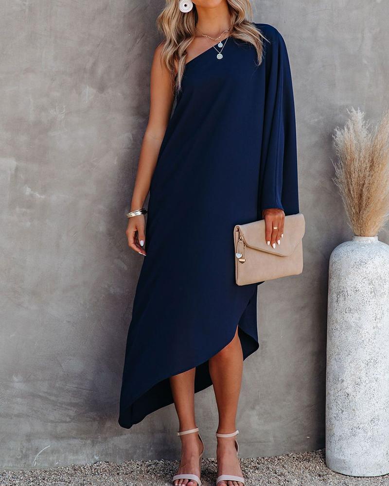 

Solid Color One Shoulder Long Sleeve Maxi Dress, Purplish blue