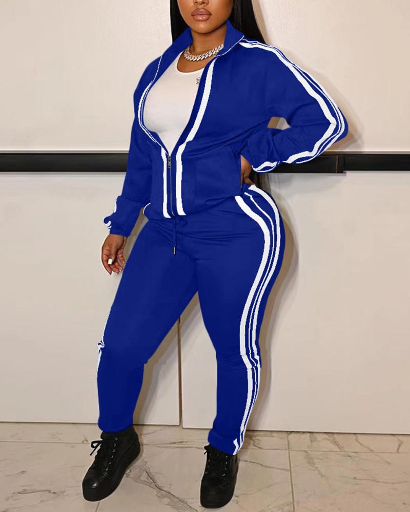 

Contrast Paneled Long Sleeve Zip Up Top & Pants Set, Blue