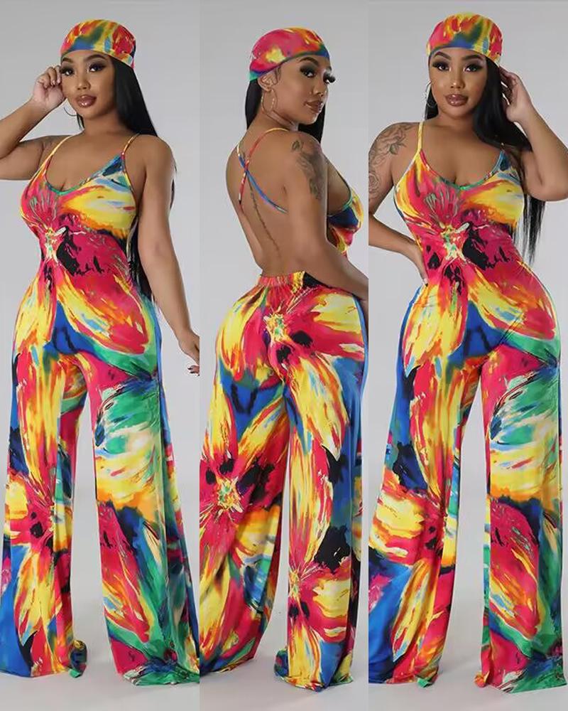 

Tie Dye Print Backless Wide Leg Jumpsuit, Yellow