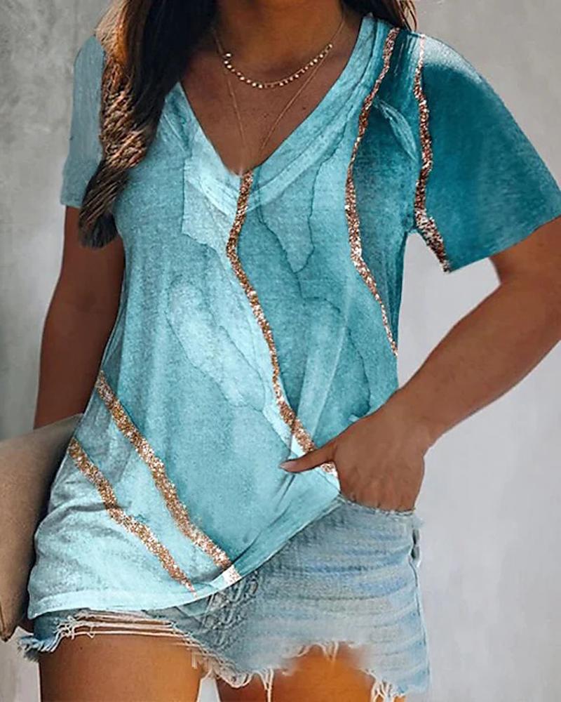 

Plus Size Marble Print Casual T-shirt, Blue