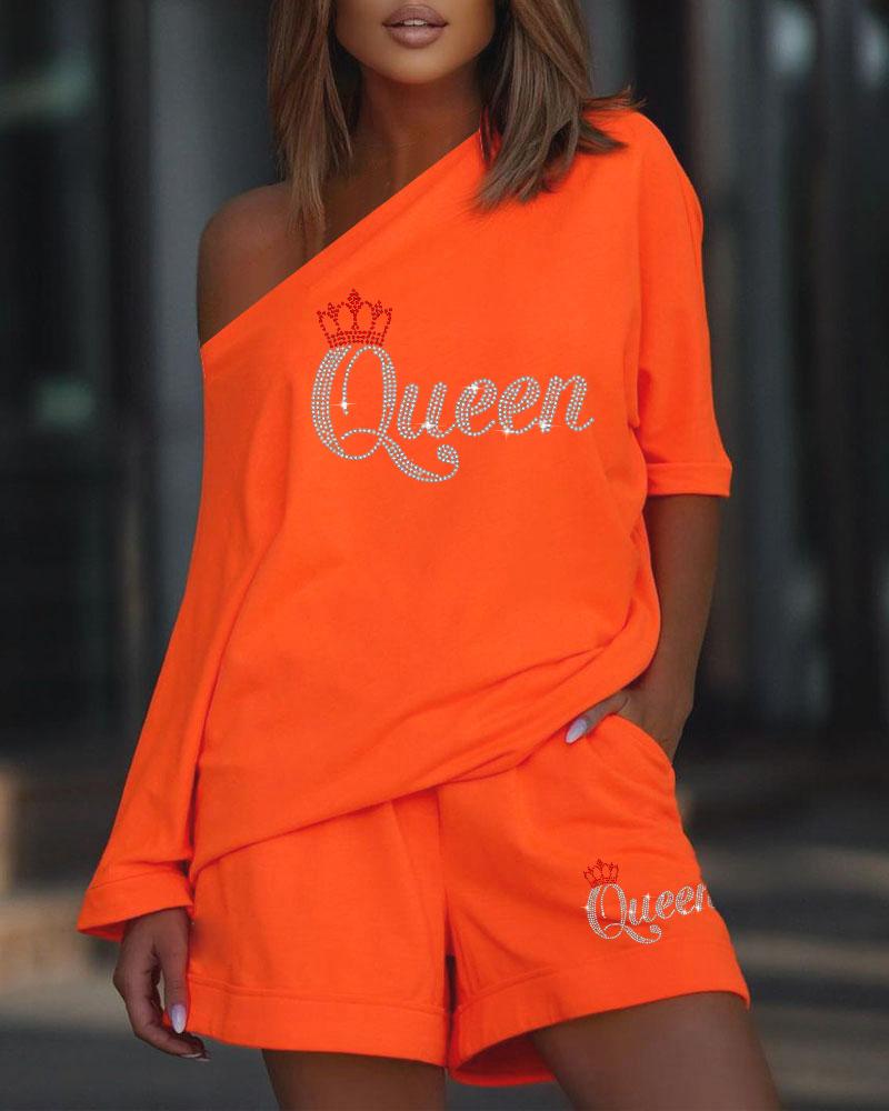 

Rhinestone Letter Crown Pattern Top & Shorts Set, Orange