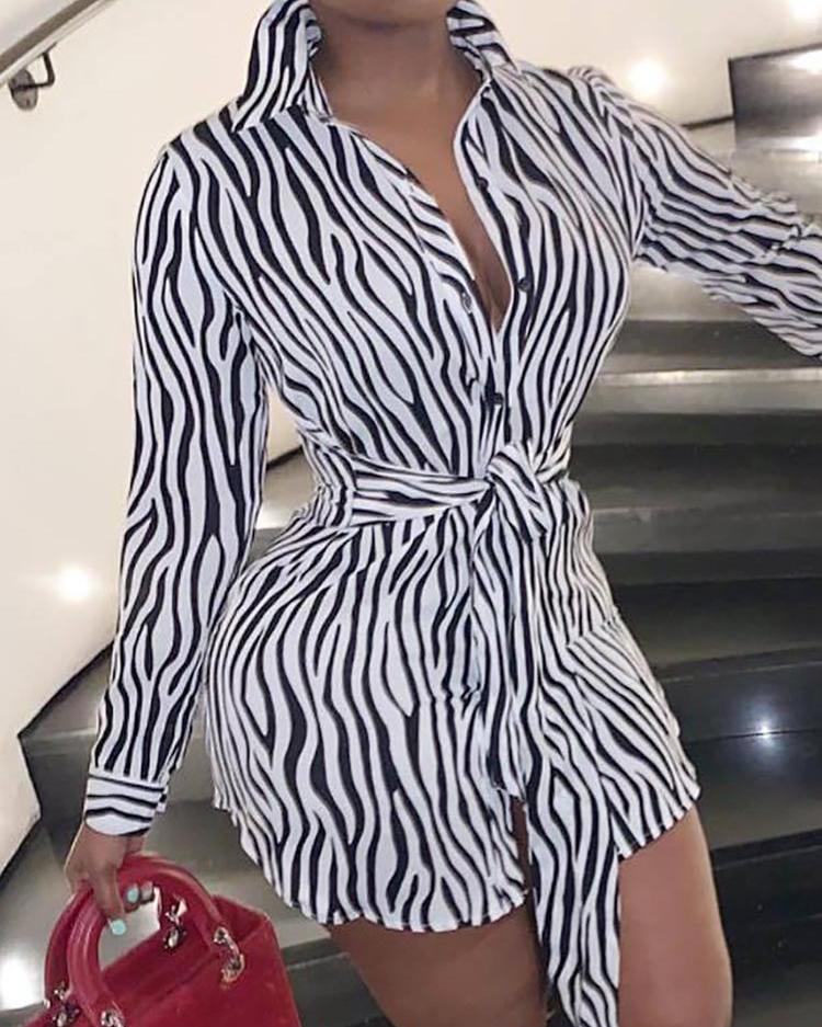 

Zebra Pattern Curved Hem Knot Front Shirt Dress, Black