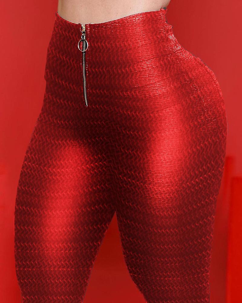 

PU Leather Zipper Design High Waist Skinny Pants, Red