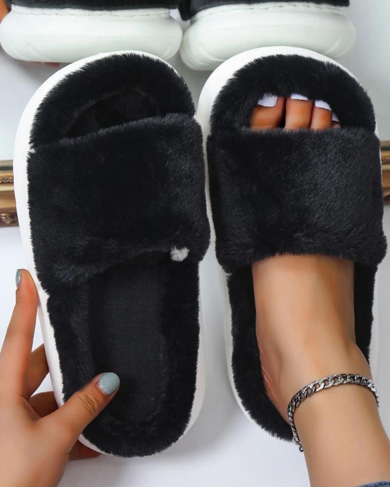 

Fuzzy One Strap Slippers, Black