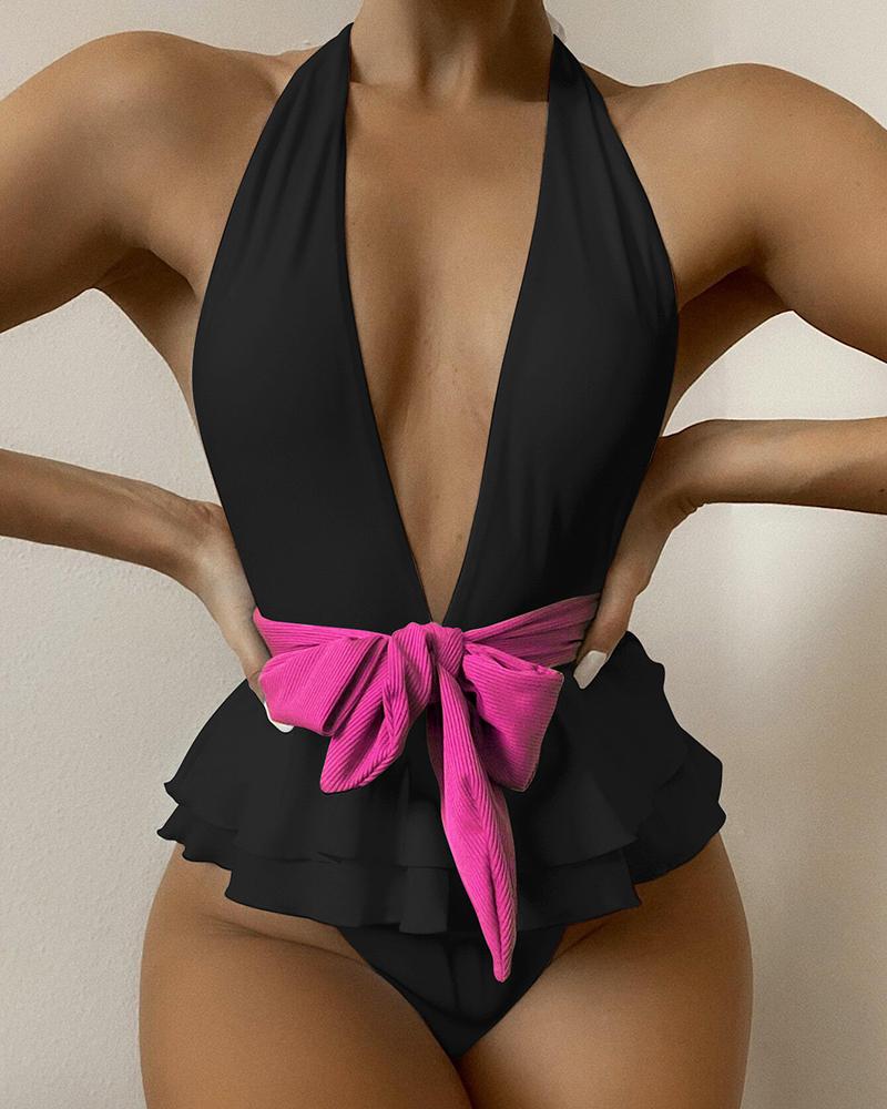 

Plunge Bowknot Decor Sleeveless Ruffles One Piece Swimsuit, Black