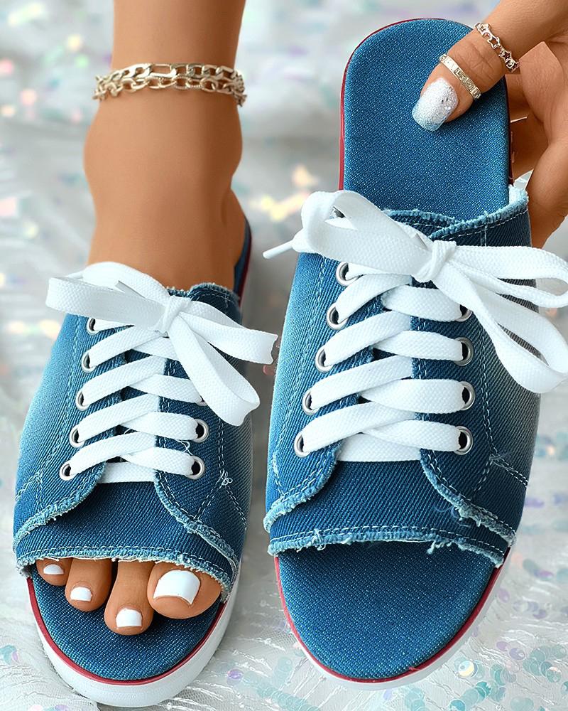 

Eyelet Lace Up Canvas Slippers, Blue