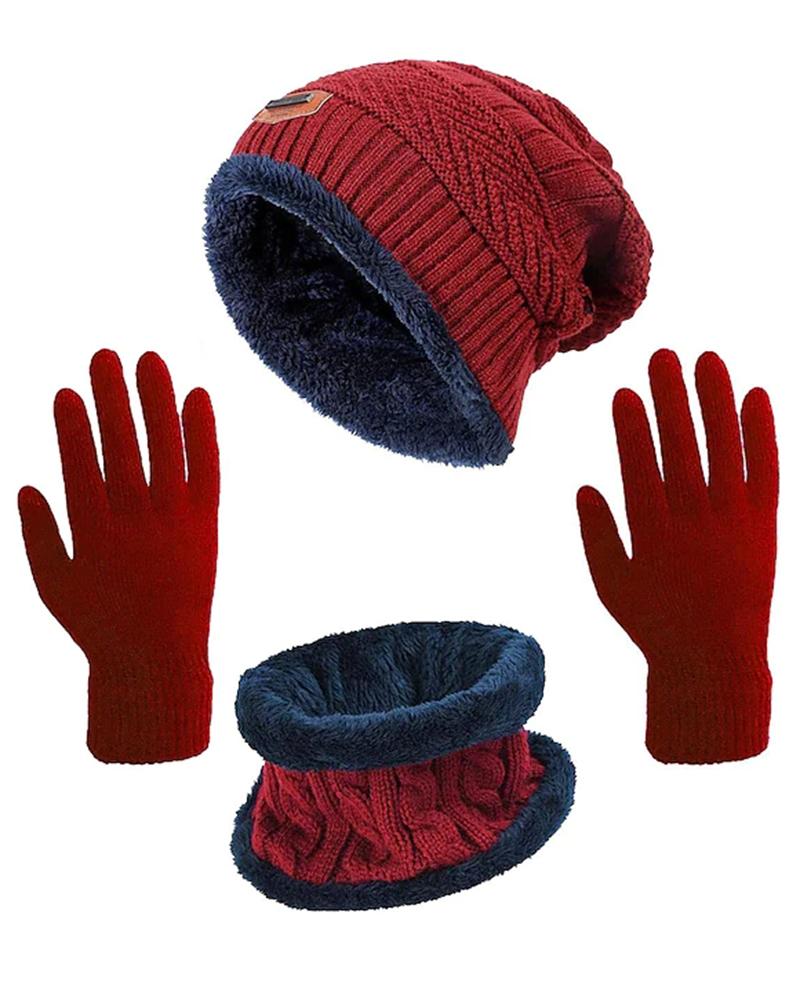 

3PCS Winter Warm Knit Fleece Lined Skull Cap Beanie Hat & Gloves & Neck Warmer Set, Red