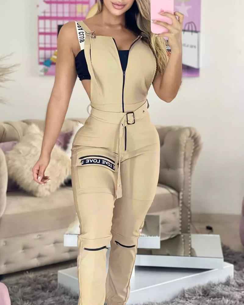 

Zipper Pocket Design Sleeveless Suspender Jumpsuit, Khaki