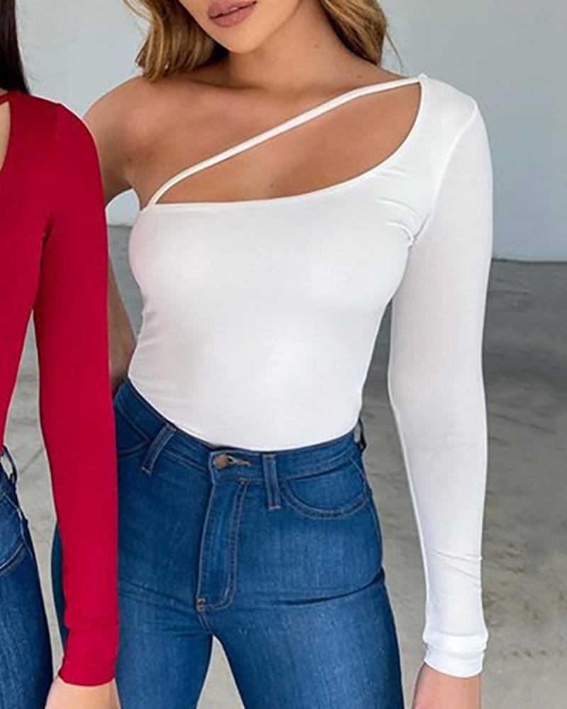 

One Shoulder Solid Slim Bodysuit, White