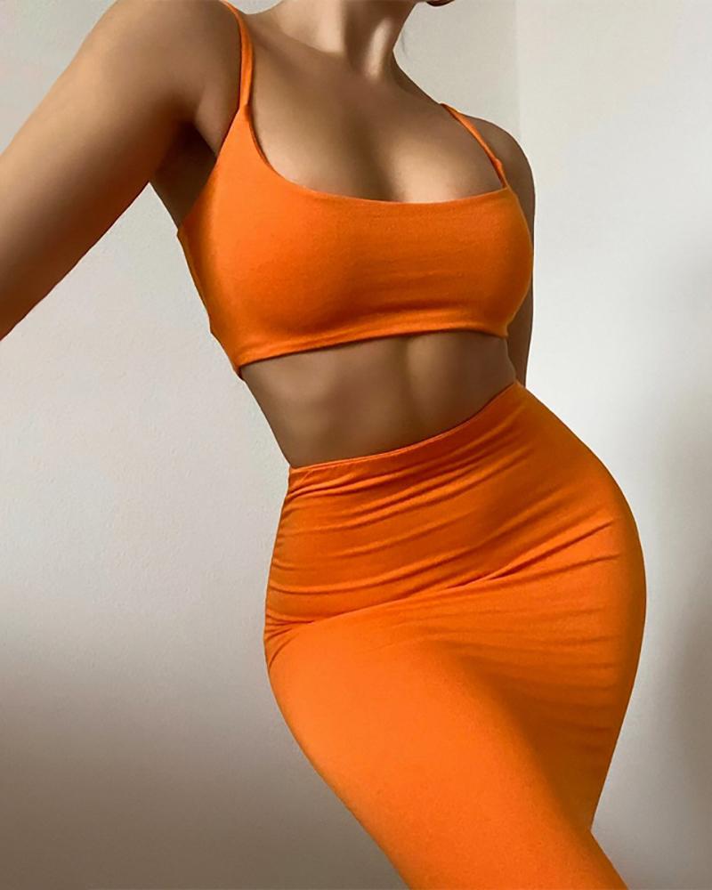 

U-Neck Crop Top & High Waist Midi Skirt Set, Orange