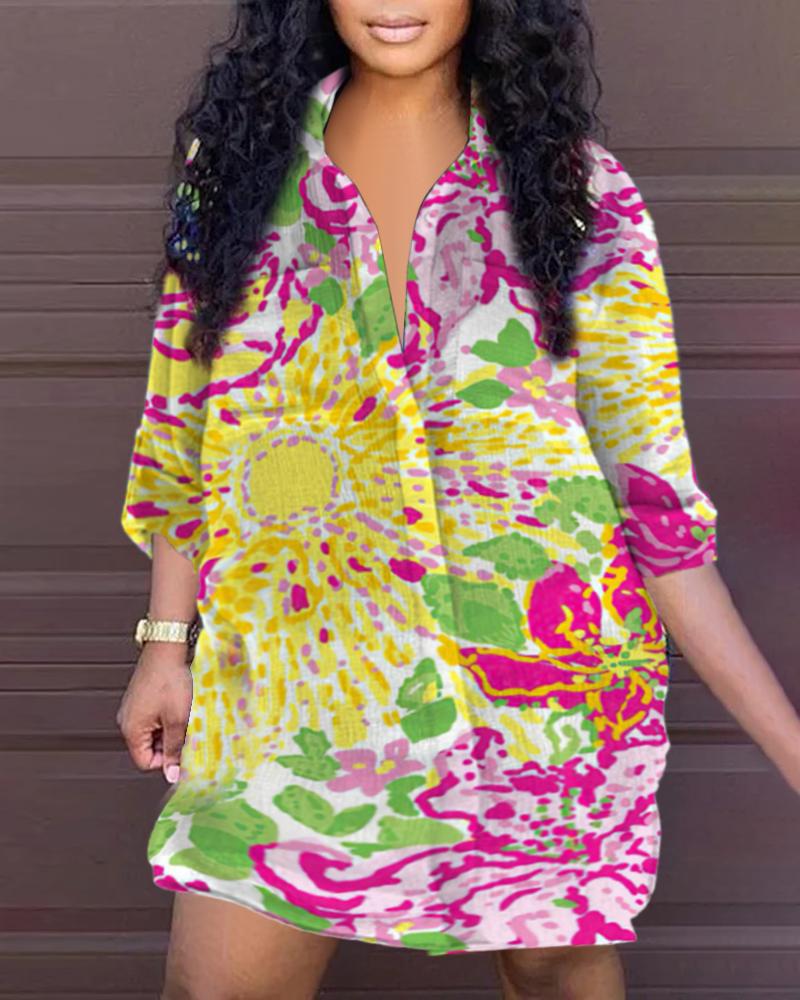

Plus Size Allover Print Button Front Shirt, Yellow