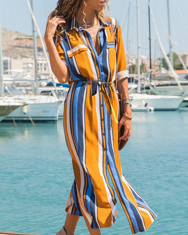 

Colorful Striped Slit Shirt Dress, Orange